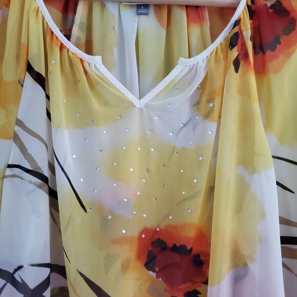 JM Collection Colorful Sheer Bling Floral Pullover  Blouse Top L - Picture 3 of 6